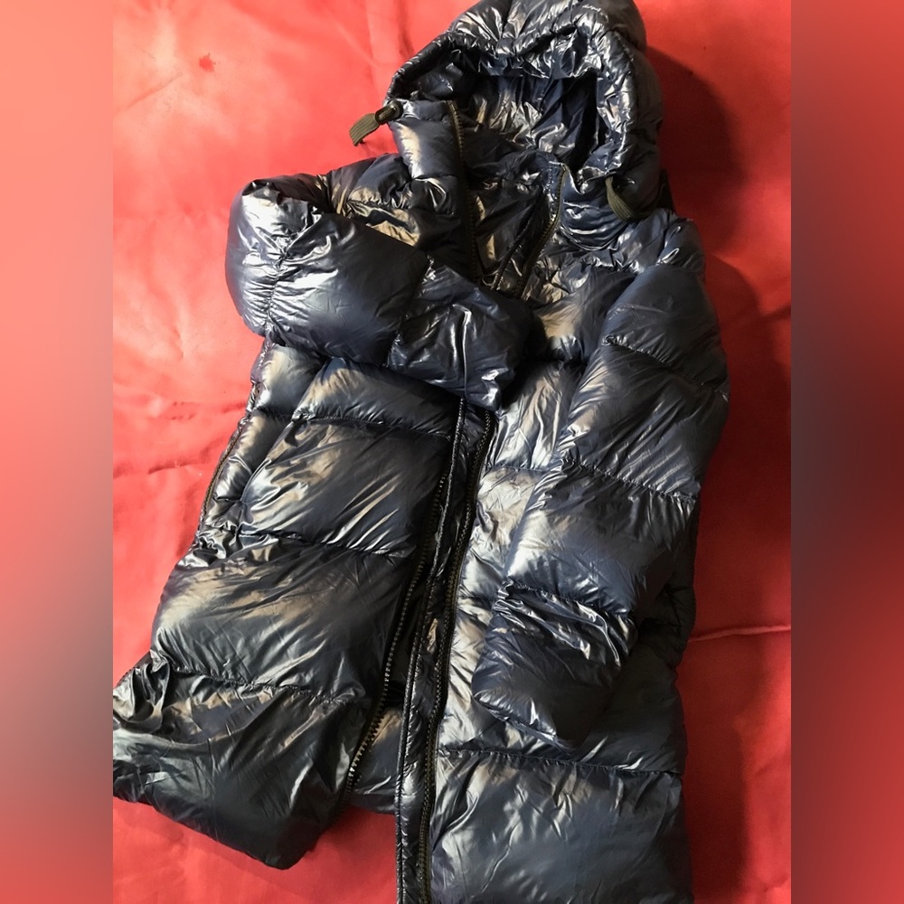 Navy blue, down, 3/4 length coat, no label but high quality and very warm